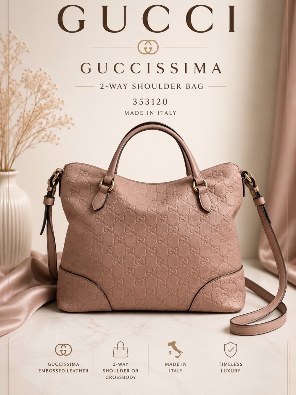 GUCCI Guccissima Bree Medium Foldover Tote Pink Leather 2-Way Crossbody Bag